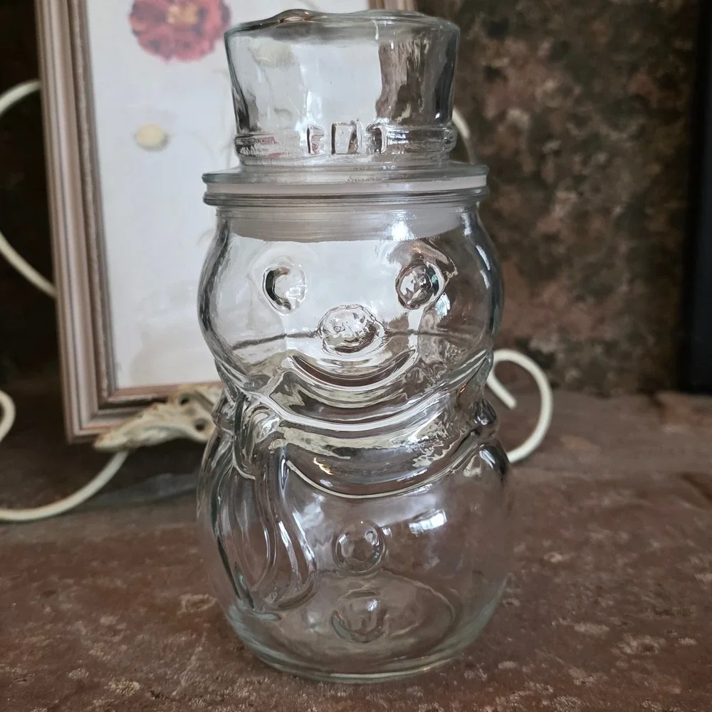 Vintage Clear Glass Snowman Jar with Top Hat Lid Airtight Holiday Candy Cookie